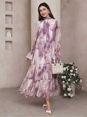 Elegant Lavender Tie-Dye Tiered Maxi Dress - Long Sleeve
